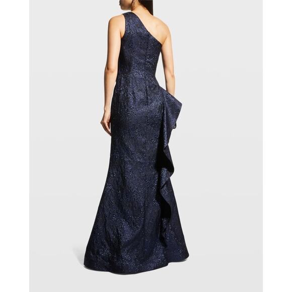 Rickie Freeman Teri Jon Navy One-Shoulder Jacquard Side-Ruffle Evening Gown 16 - Picture 5 of 14